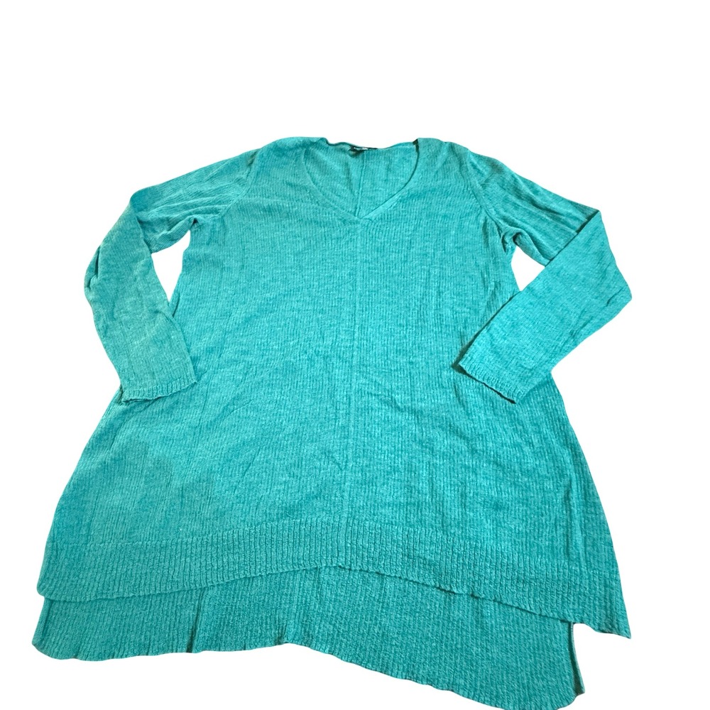 Eileen Fisher Sweater Women 1X Teal Wool V-Neck Tunic Pullover Lightweight